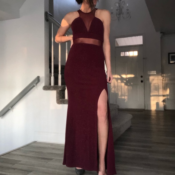 Deep Red Mesh Cut Out Formal Dress - Picture 9 of 11